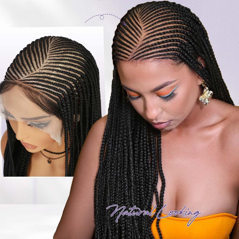 Fancy Hair 32 Inch Cornrow Braided Wig 13x8 HD Lace Front Wig with Baby Hair Pre Plucked Glueless Side Part Box Braided Wig for Black Women - Image 3